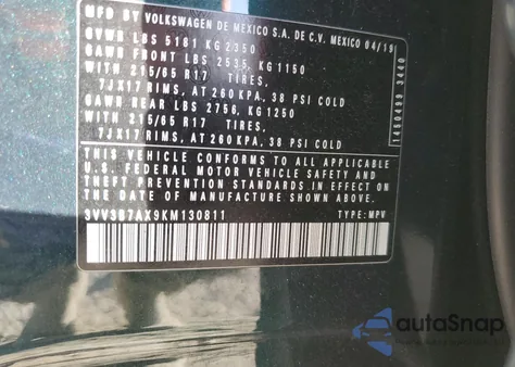 2019 Volkswagen Tiguan 2.0T Se/2.0T Sel/2.0T Sel R-Line/2.0T Sel R-Line Black from USA, damaged, VIN 3VV3B7AX9KM130811